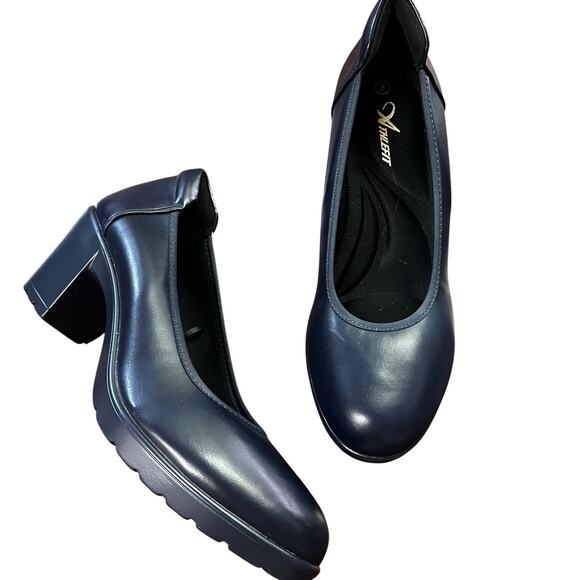 Athlefit Womens Chunky Block Heel Pumps Size 9 Navy Blue Lug Sole Slip On NWOB - Picture 2 of 9